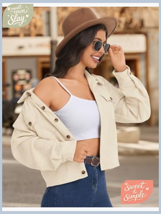 Cropped Corduroy Shacket Button Down Jacket Long Sleeve Casual Fall Winter - Picture 5 of 6